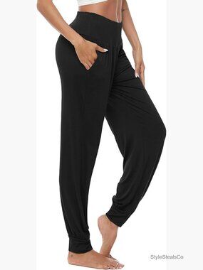Loose Yoga Harem Workout Pants with Pockets, High-Waist Wide Leg, Soft Rayon